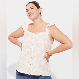Torrid Double Gauze Ruffle Button Front Tank Top size 2 2X Daisy Floral White